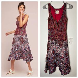 Anthropologie Violette Midi Dress size 2 Red Floral Fit And Flare 180 Boho